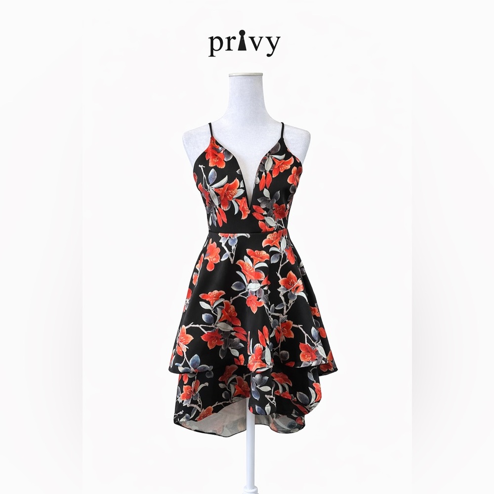 privy Black Mini Dress with Red Floral Print